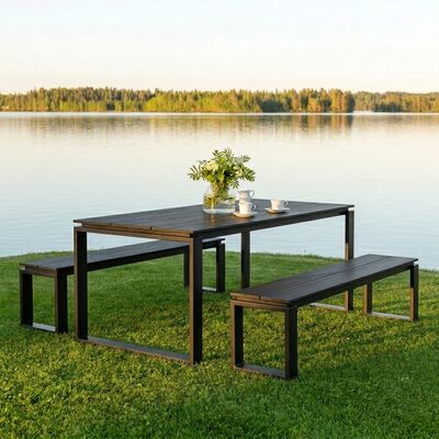 Trendline aintwood 6-hengen ruokailuryhmä penkeillä musta